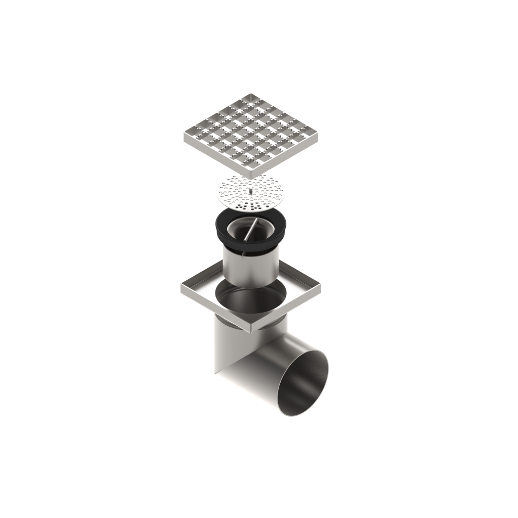 ROZSDAMENTES ACÉL szifon 150x150, csúszásmentes grill oldali kimenettel DN110 L15 151x151x130 (0525.10.21.3.3-1-EU)
