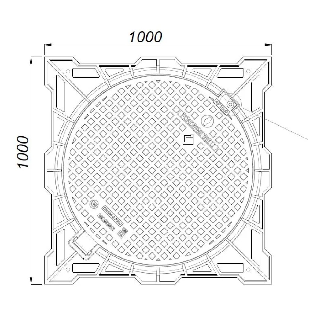 VÁROSI öntöttvas fedő négyzet kerettel 1000x1000 Hext.100 PL.800 F900 zárral (AP1000)