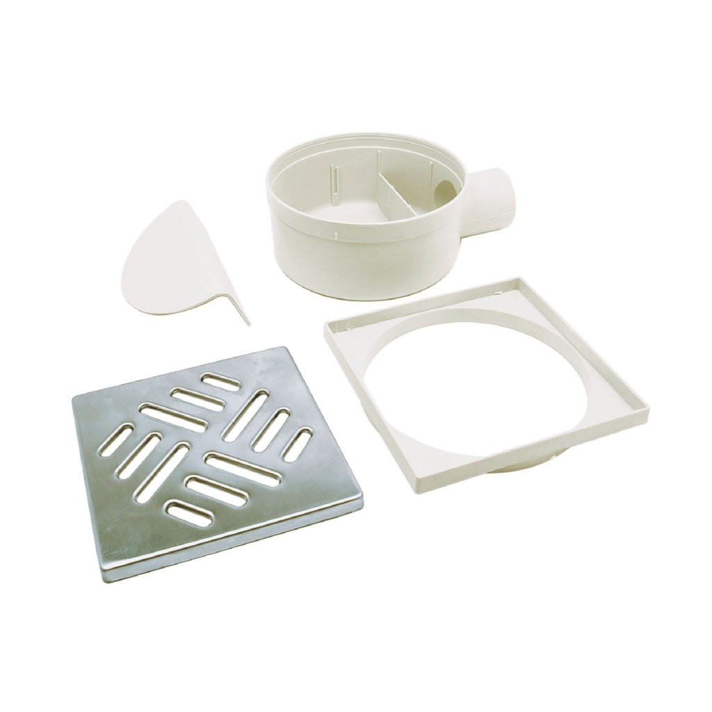 Szifon PP EASY terasz/padló 150x150 VÍZSZINTES KIMENET rozsdamentes ráccsal H80-120, D50 (SPPOIX150150)