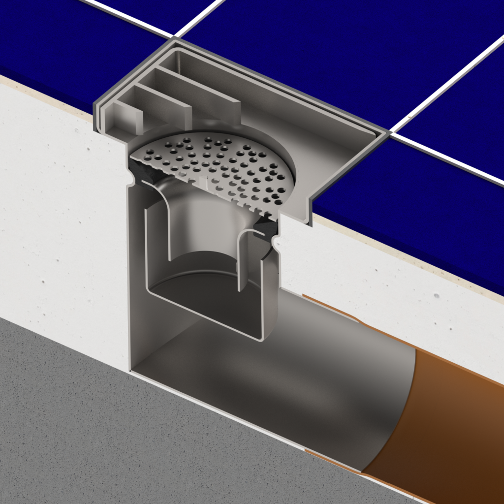 ROZSDAMENTES ACÉL szifon 150x150, csúszásmentes grill oldali kimenettel DN110 L15 151x151x130 (0525.10.21.3.3-1-EU)